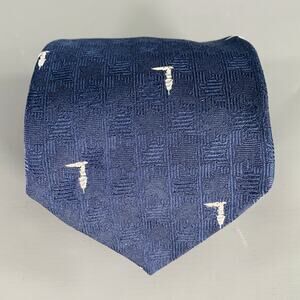 TRUSSARDI Navy White Textured Logo Silk Tie